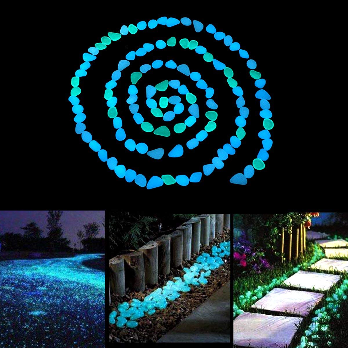 Unime glow-in-dark garden pebbles blue edge flower beds for subtle night glow