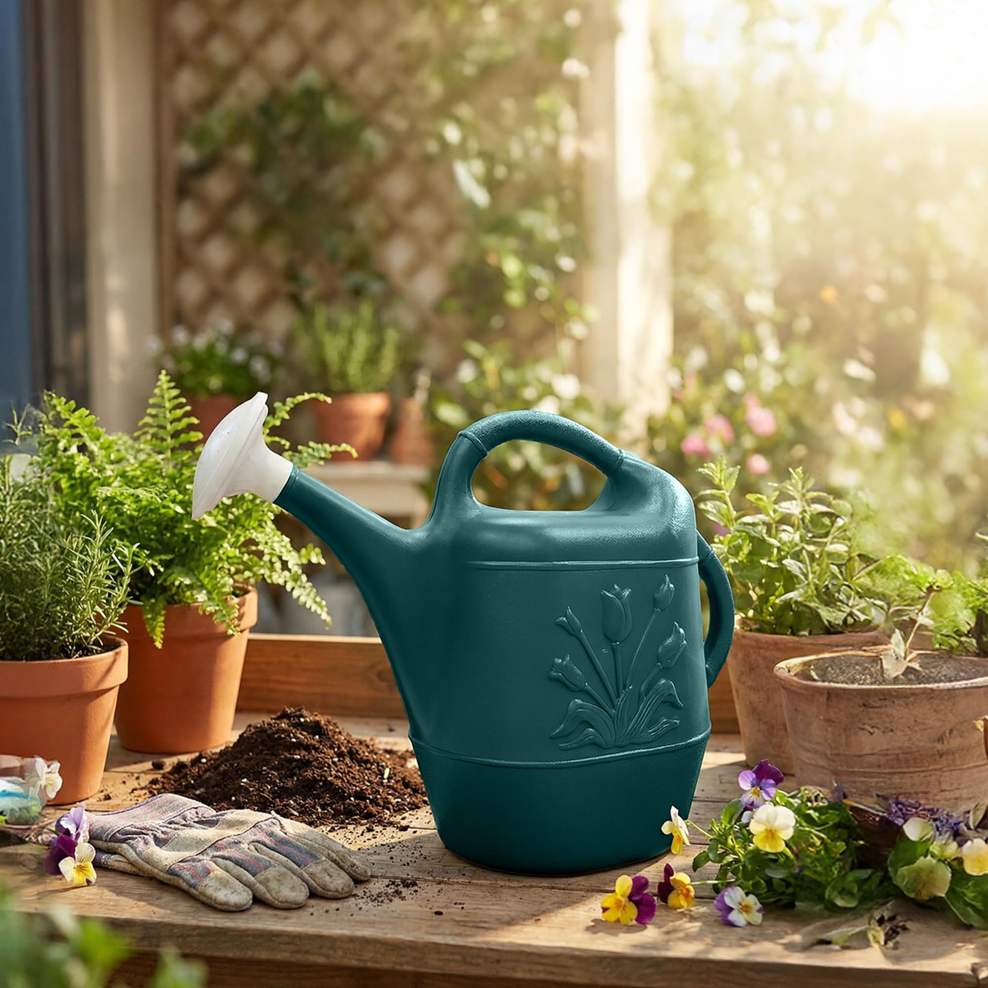 Union Products watering can green color pictured in a patio setting.
