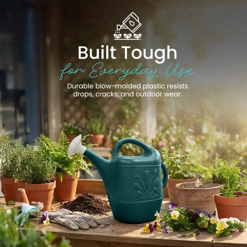 Union Products watering can side handle view demonstrates comfortable pouring for plants.