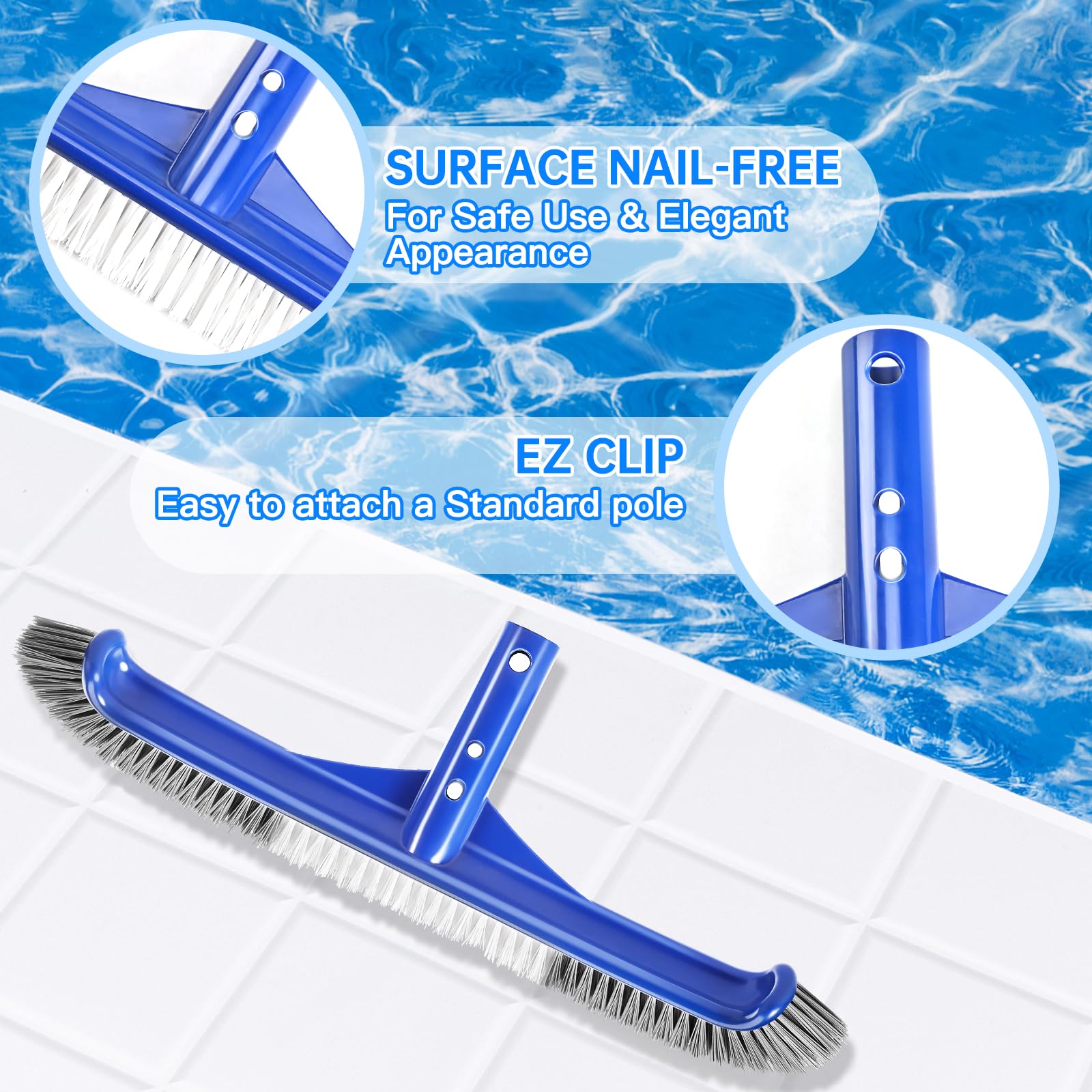 Unipool pool brush head curved ends reach corners and tiles.