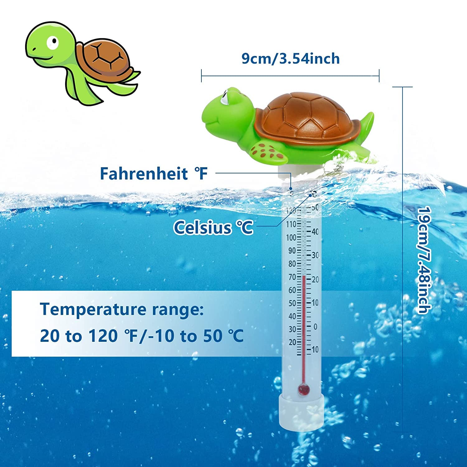Unipool Turtle Thermometer displays Fahrenheit and Celsius clearly