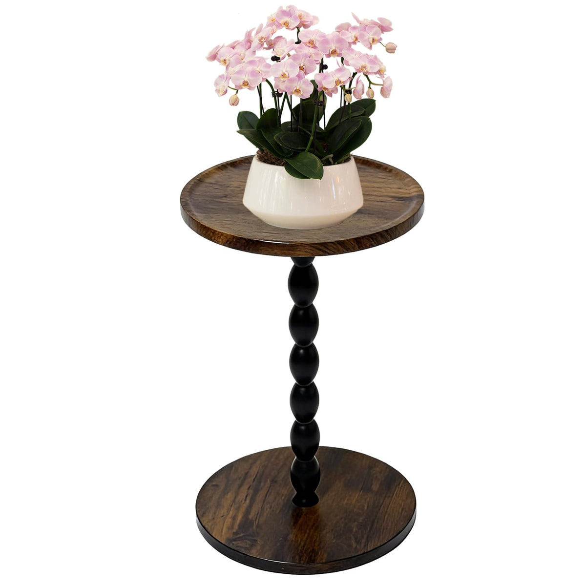 Uniqcovosa 11-inch round wood plant stand showcases a single plant elegantly.