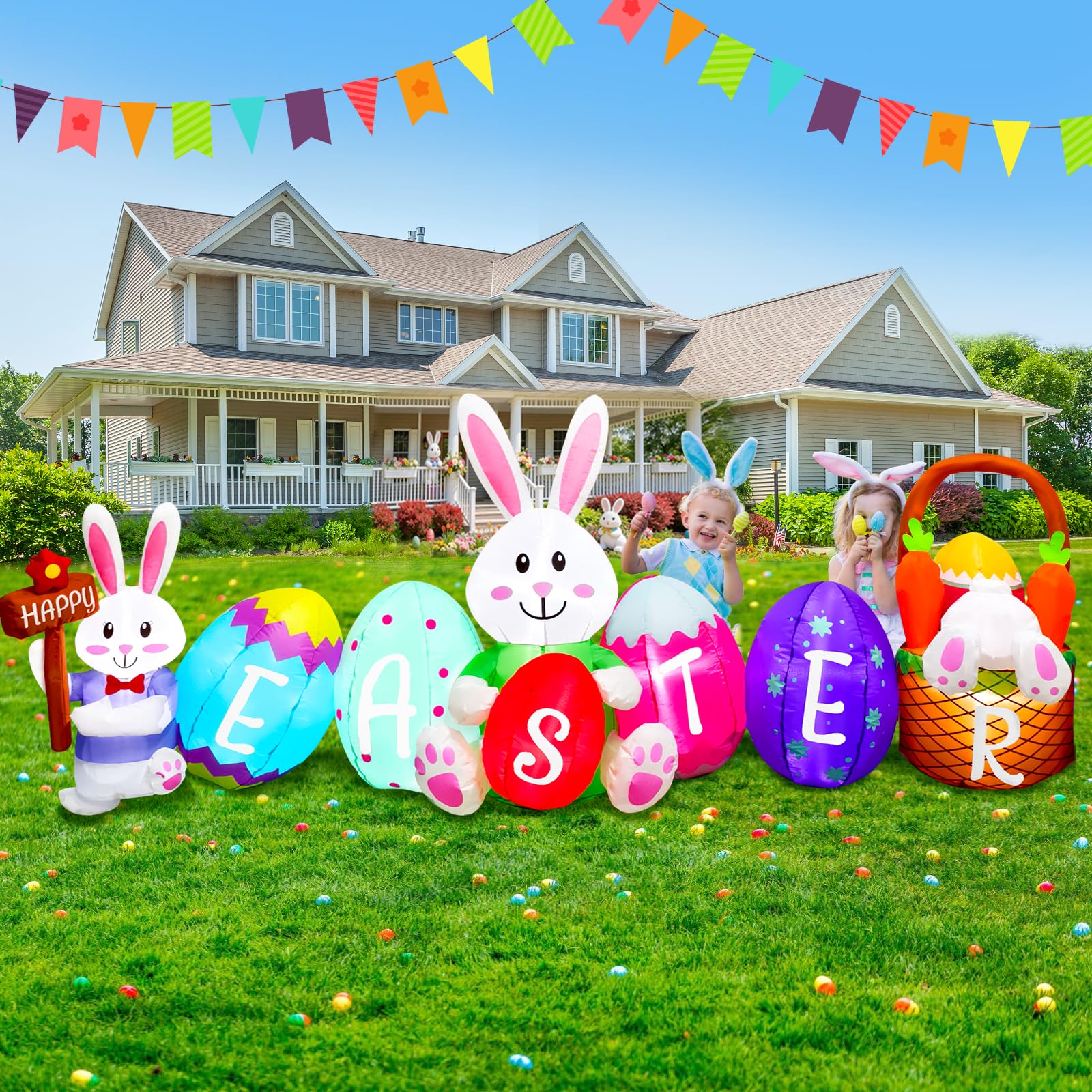 UniqSeason Easter bunny inflatable glows for festive dusk yard display.
