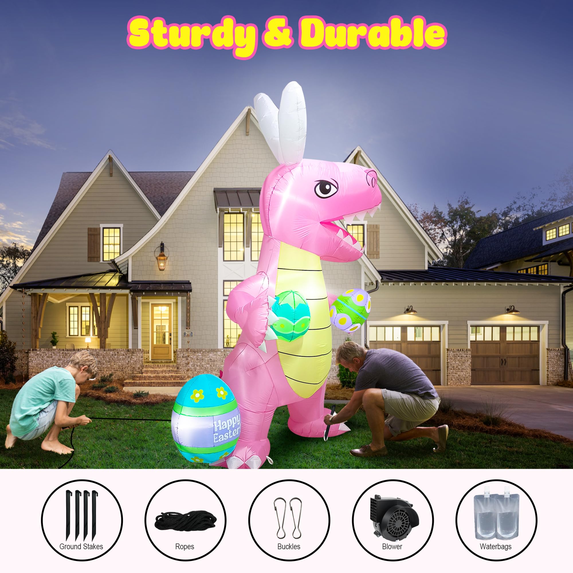 Waterproof, colorful dinosaur eggs on an inflatable Easter dinosaur display.