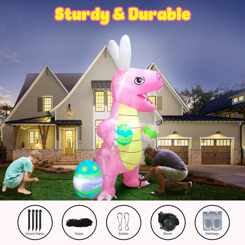 Waterproof, colorful dinosaur eggs on an inflatable Easter dinosaur display.