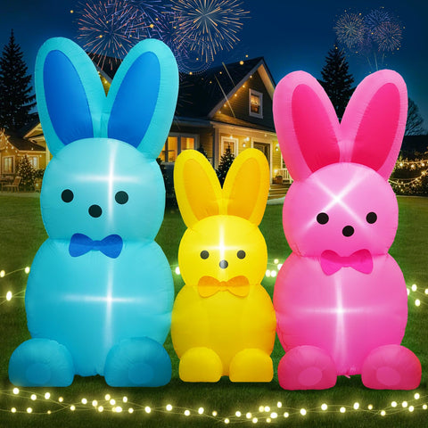 UniqSeason Easter bunny family inflatable in blue, yellow, and pink for a festive yard display