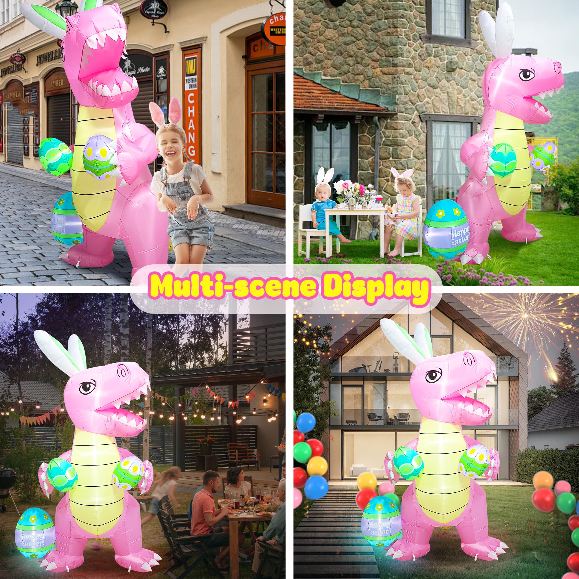 Versatile indoor/outdoor UniqSeason dino decor for Easter parties and photo ops.