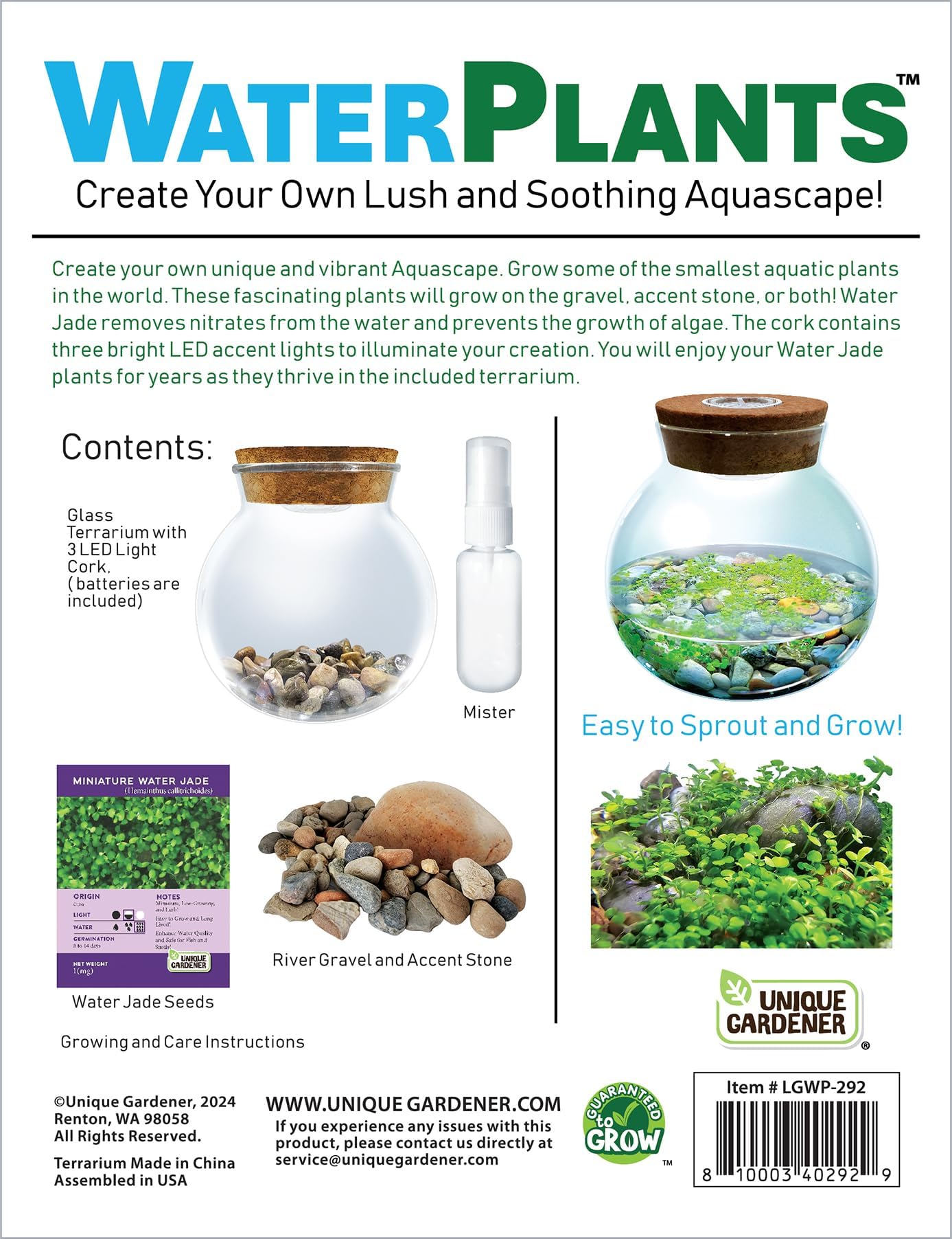Unique Gardener WaterPlants care instructions simplify setup and maintenance.