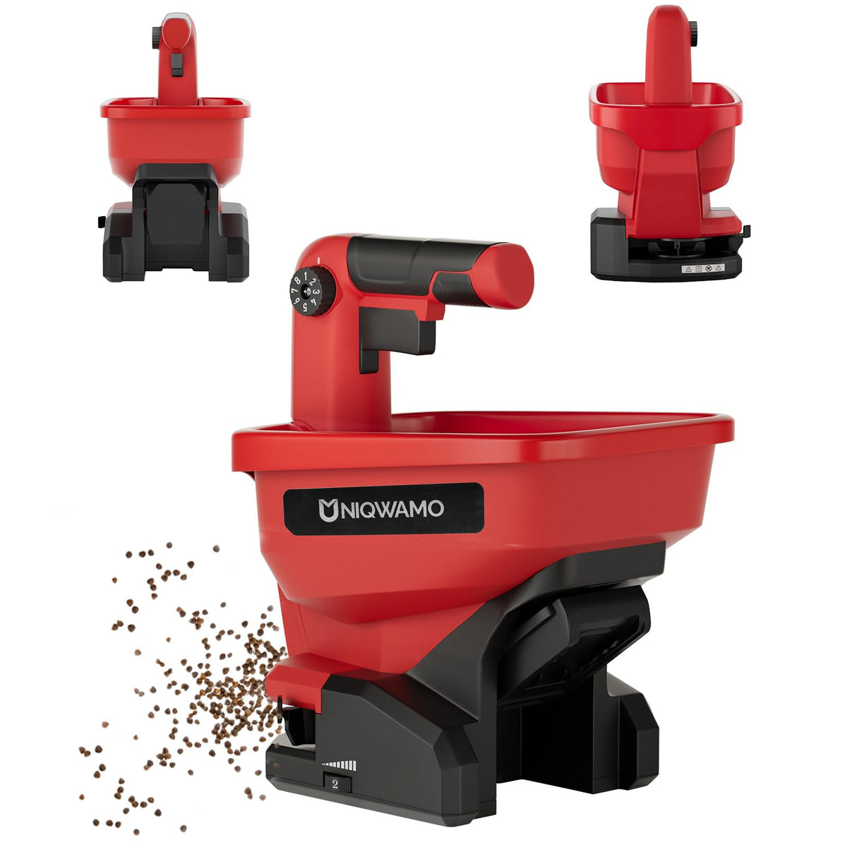 Uniqwamo handheld seed spreader demonstrates compact design for precise lawn seeding.