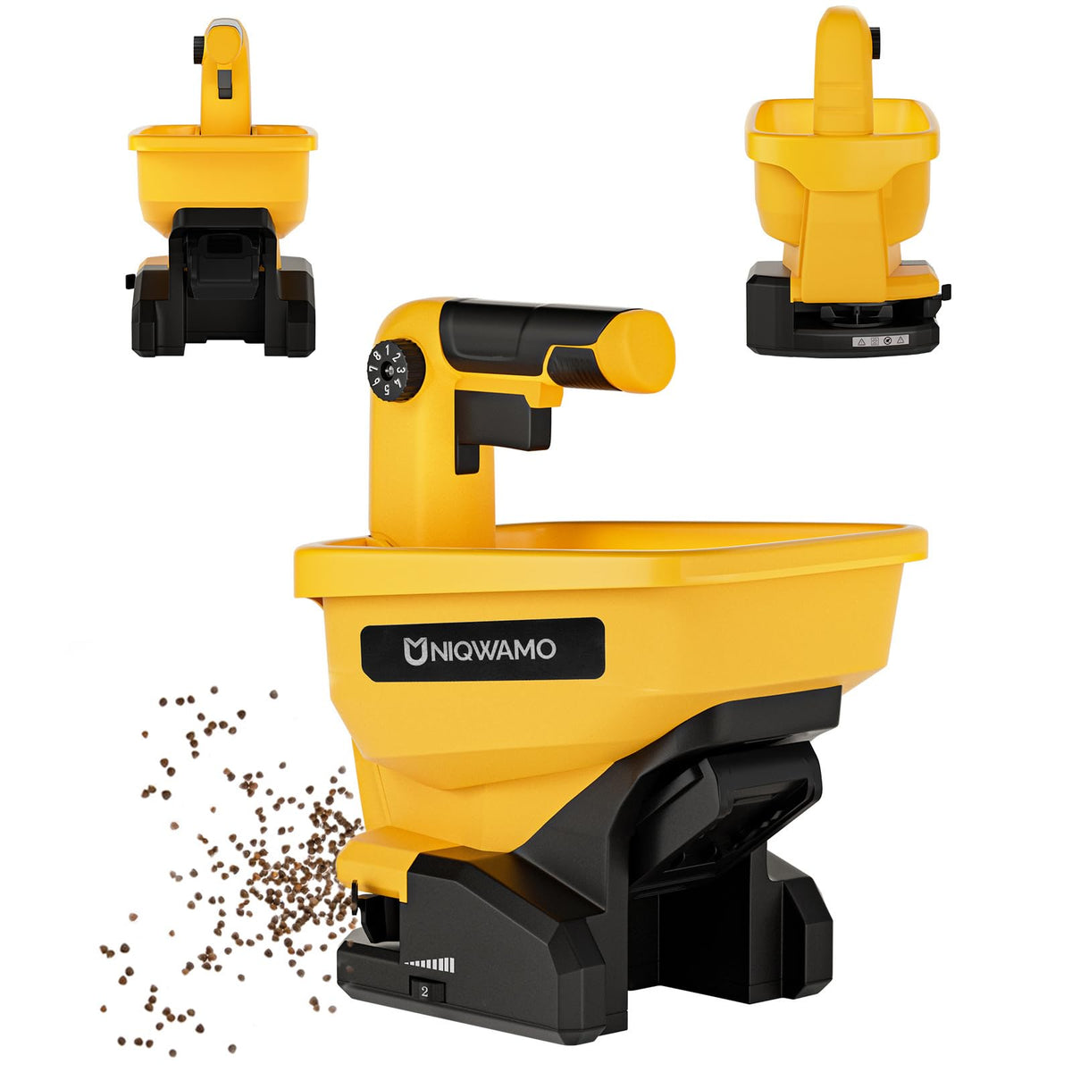 Uniqwamo handheld spreader distributing grass seed evenly in a garden