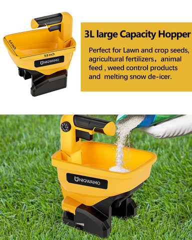 Uniqwamo handheld spreader dispersing rock salt for winter paths