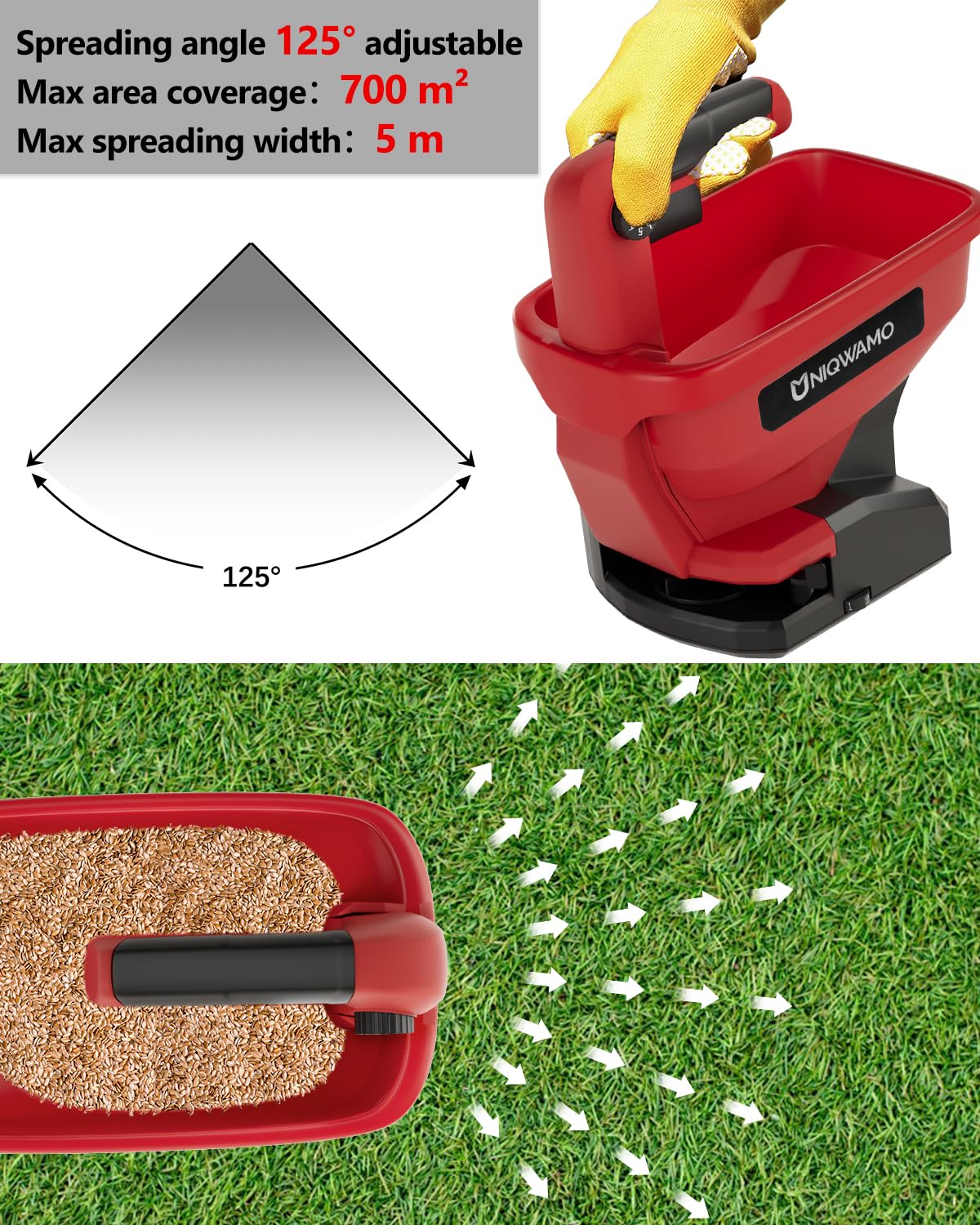 Uniqwamo spreader shows a 3L hopper ready for seeds and salts with ample capacity.