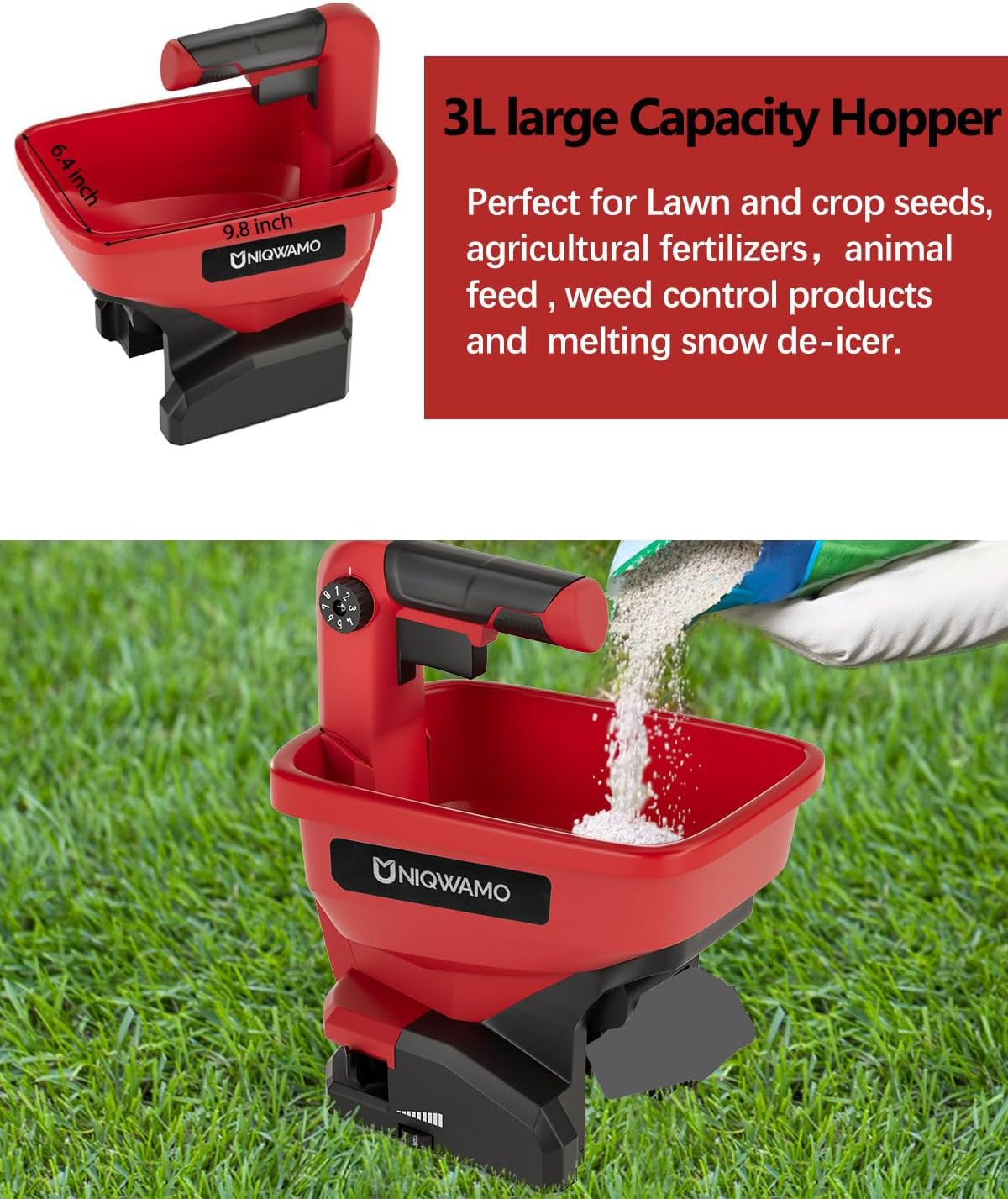 Uniqwamo spreader highlights the 125-degree opening for controlled, even distribution.