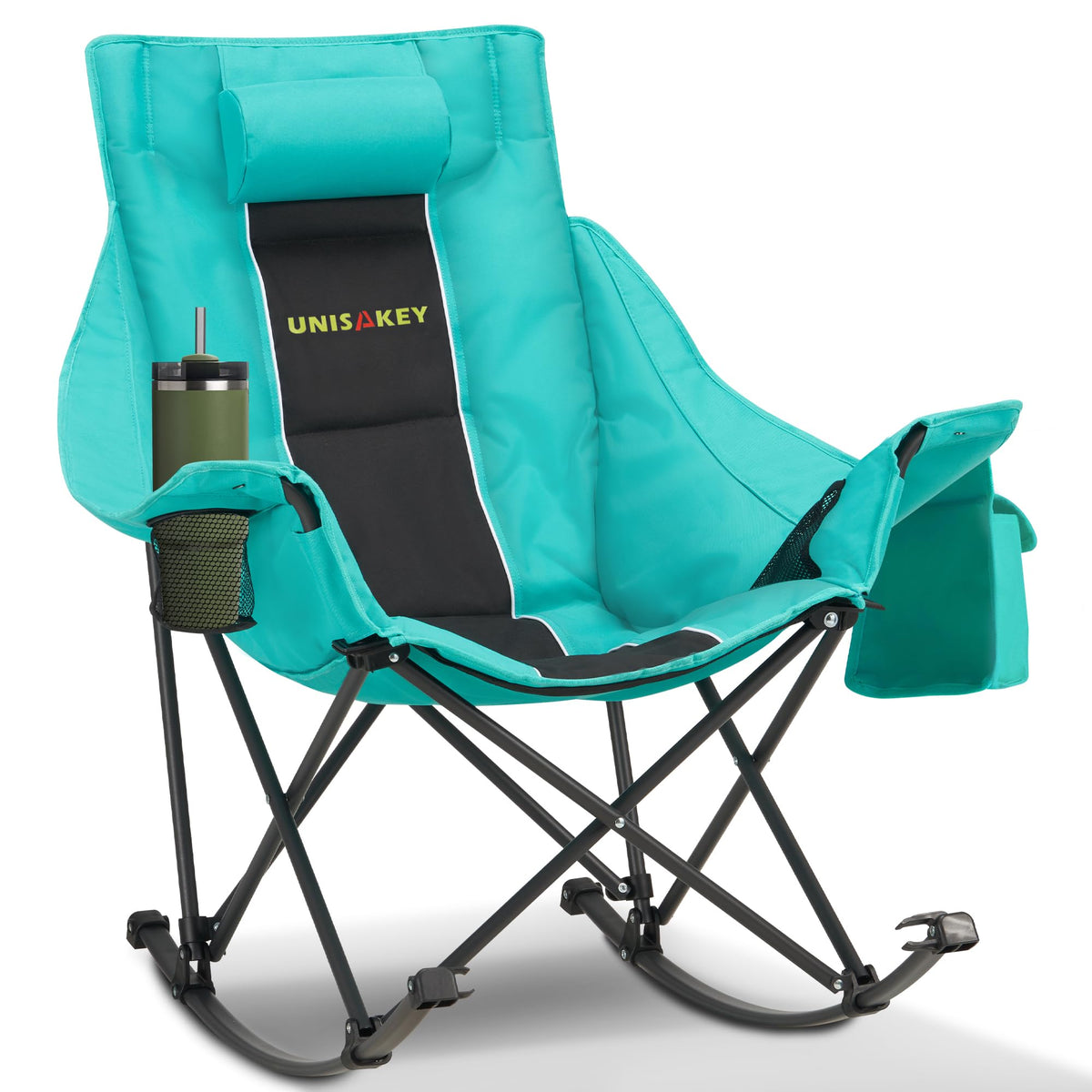 Unisakey oversized rocking camping chair with headrest for quick comfort.