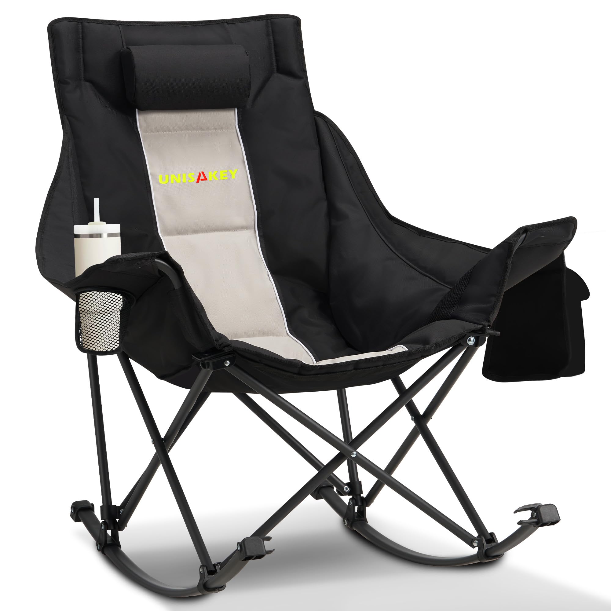 Unisakey oversized rocking chair for camping: quick setup and spacious seat.
