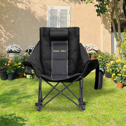 Unisakey rocking chair cup holder keeps drinks within reach during outdoor gatherings.