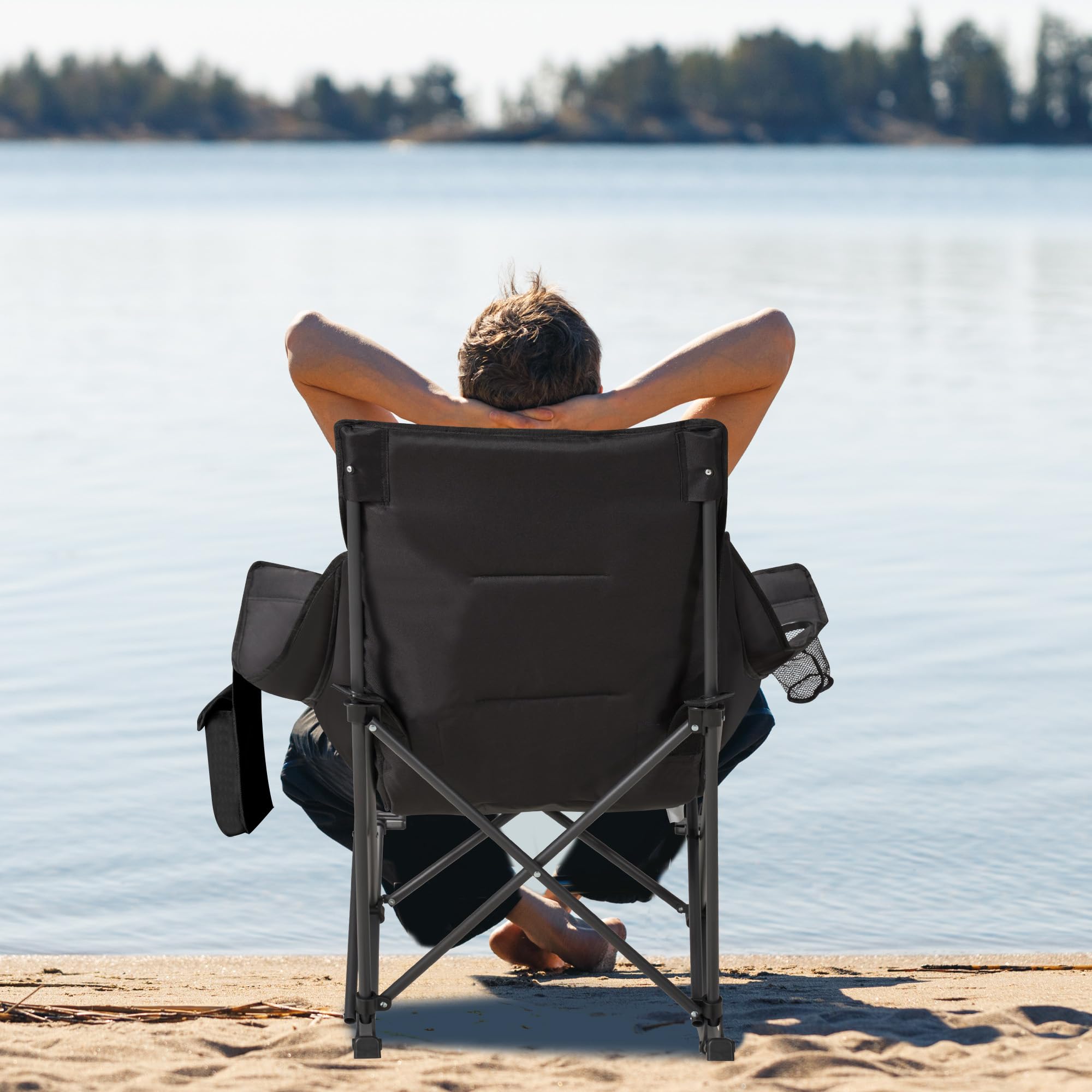Unisakey oversized chair folds compactly with carry bag for car trips and camping.