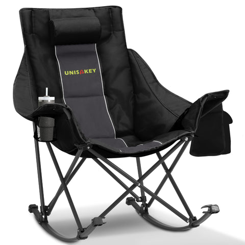 Unisakey oversized rocking chair with headrest ready for easy lounging at the campsite.