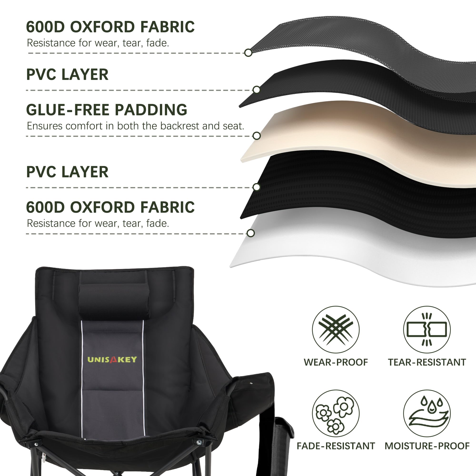 Unisakey rocking chair reinforced frame provides stable seating on grass, sand, or trails.