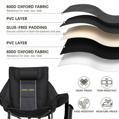 Unisakey rocking chair reinforced frame provides stable seating on grass, sand, or trails.