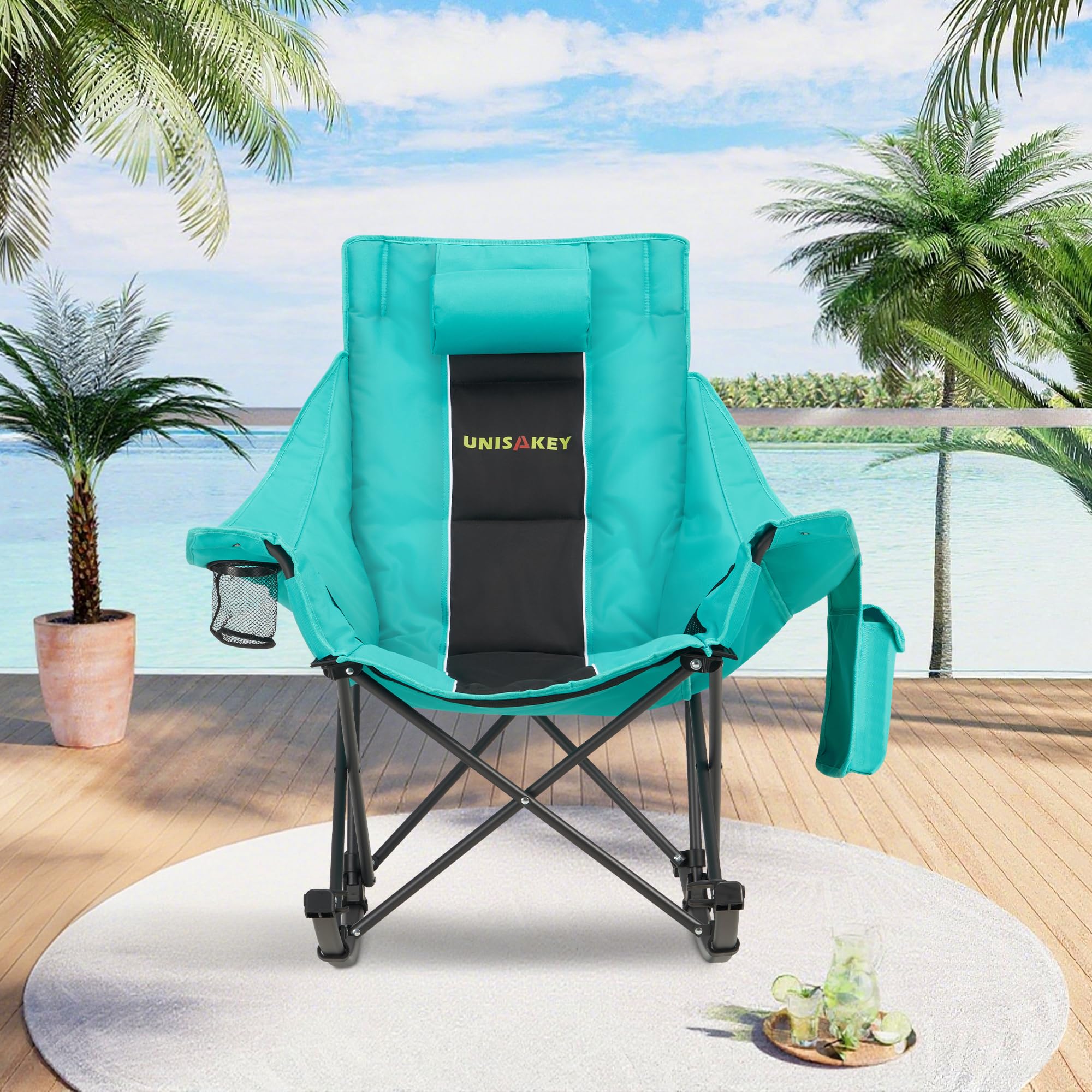 Unisakey rocking chair with cup holder and side pockets keeps essentials close.