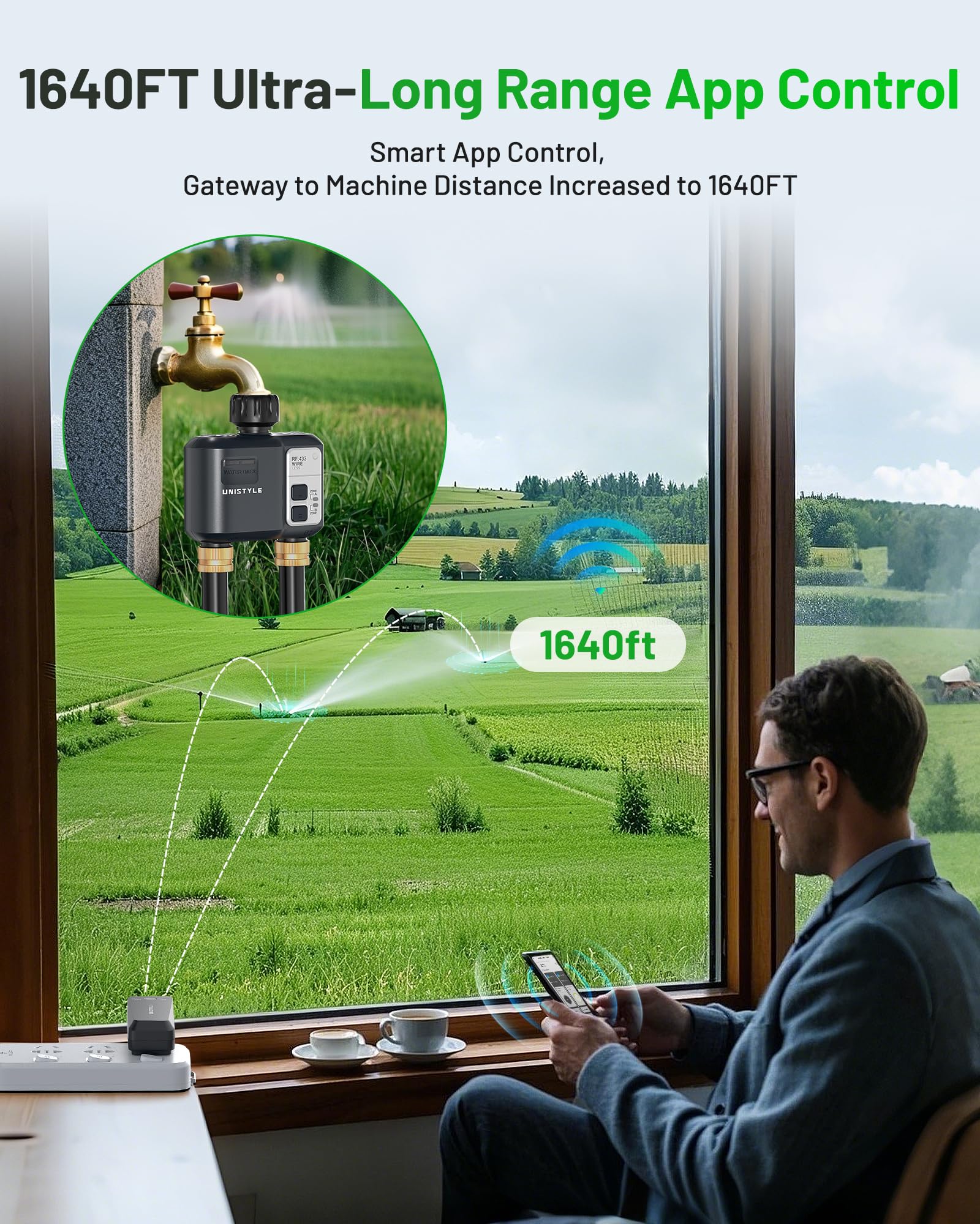 Unistyle 1640ft wifi sprinkler timer display shows quick program access and status.
