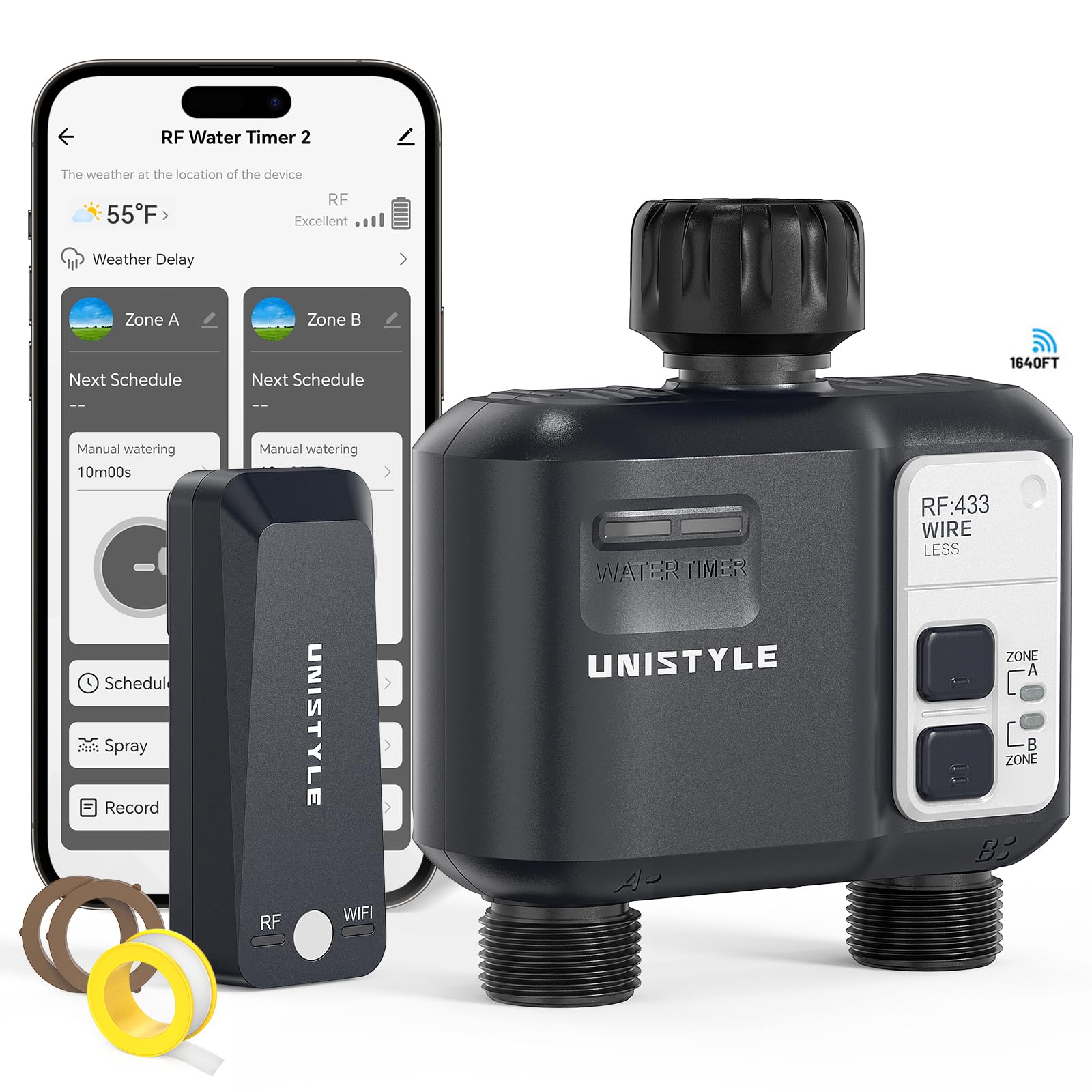 Unistyle 1640ft wifi sprinkler timer front view, easy garden irrigation control from afar.