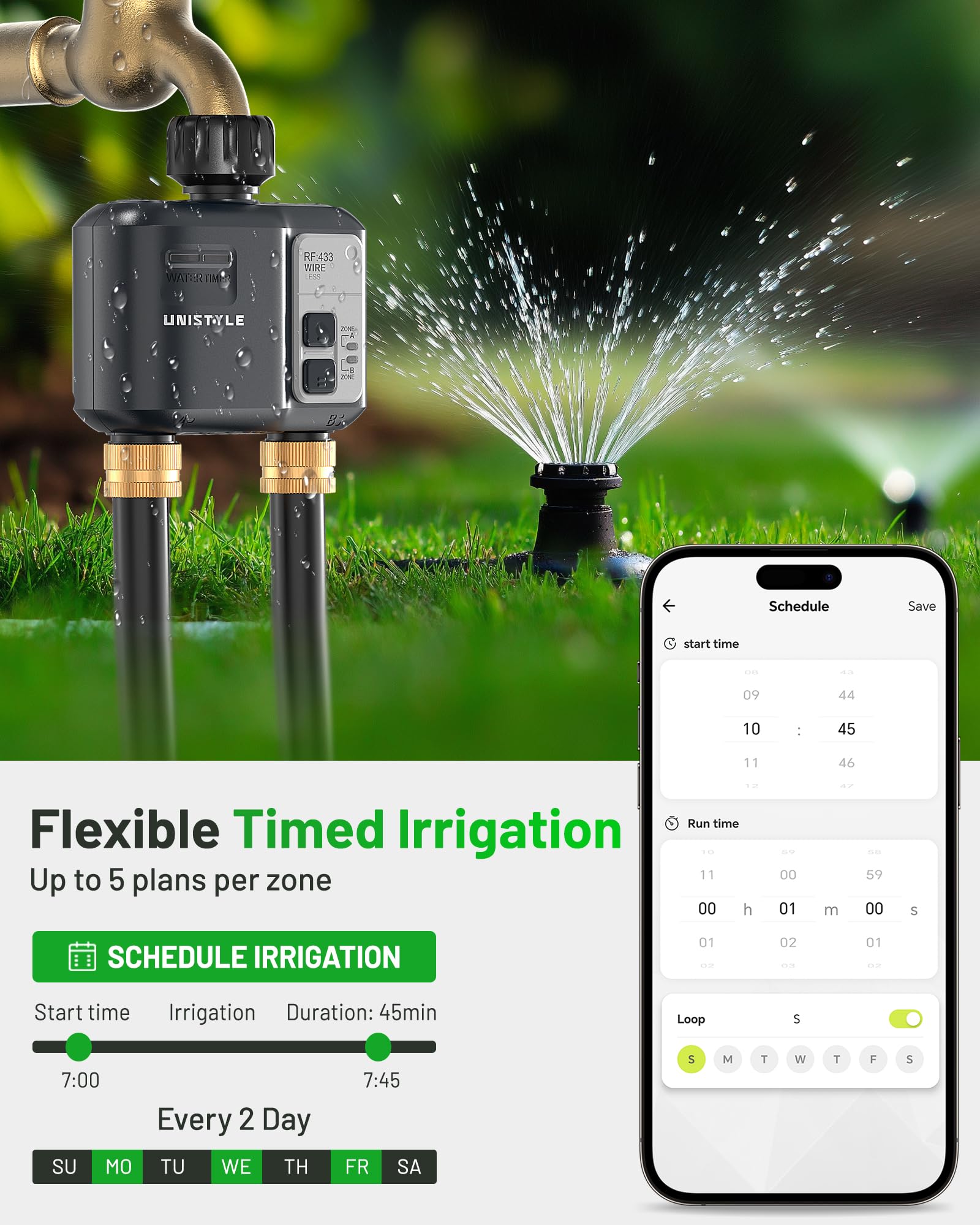 Unistyle sprinkler mode provides intermittent watering to cool and clean outdoor spaces.