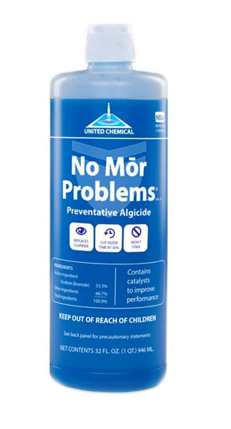 United Chemical No Mor Problems algaecide bottle showing algae prevention and water clarity