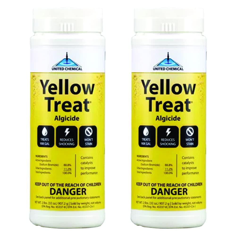 United Chemical Yellow Treat bottle pouring into pool to target algae
