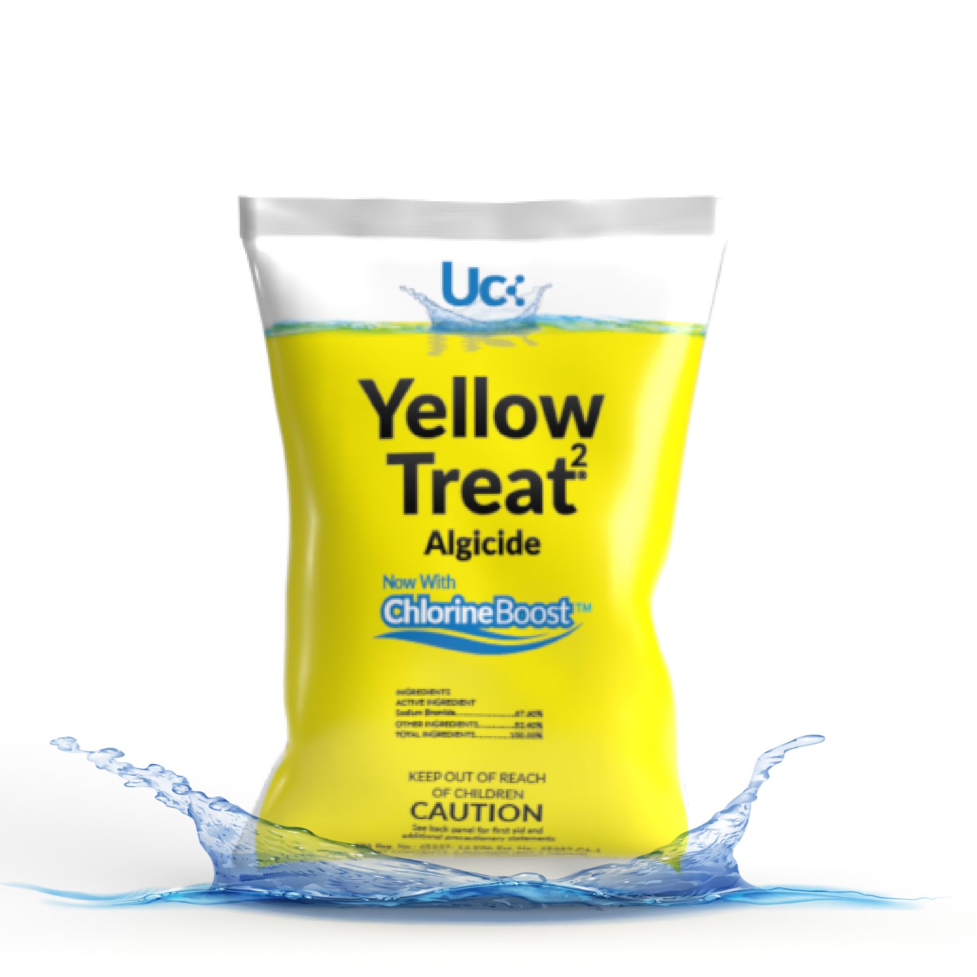 United Chemicals Yellow Treat bag front label, ready for quick algae control in pools.