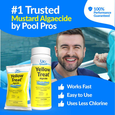 United Chemicals Yellow Treat pour-action image shows fast, simple treatment for yellow algae.