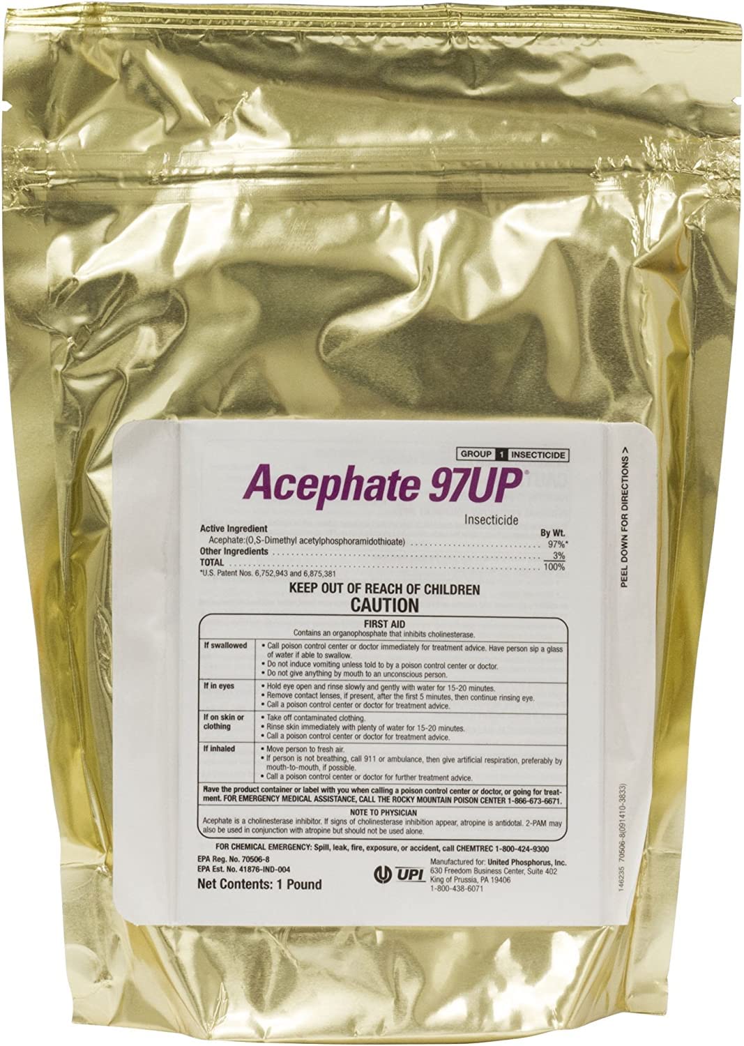 United Phosphorus Acephate 97UP bottle showing systemic insect control for diverse crops.