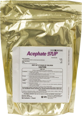 United Phosphorus Acephate 97UP bottle showing systemic insect control for diverse crops.