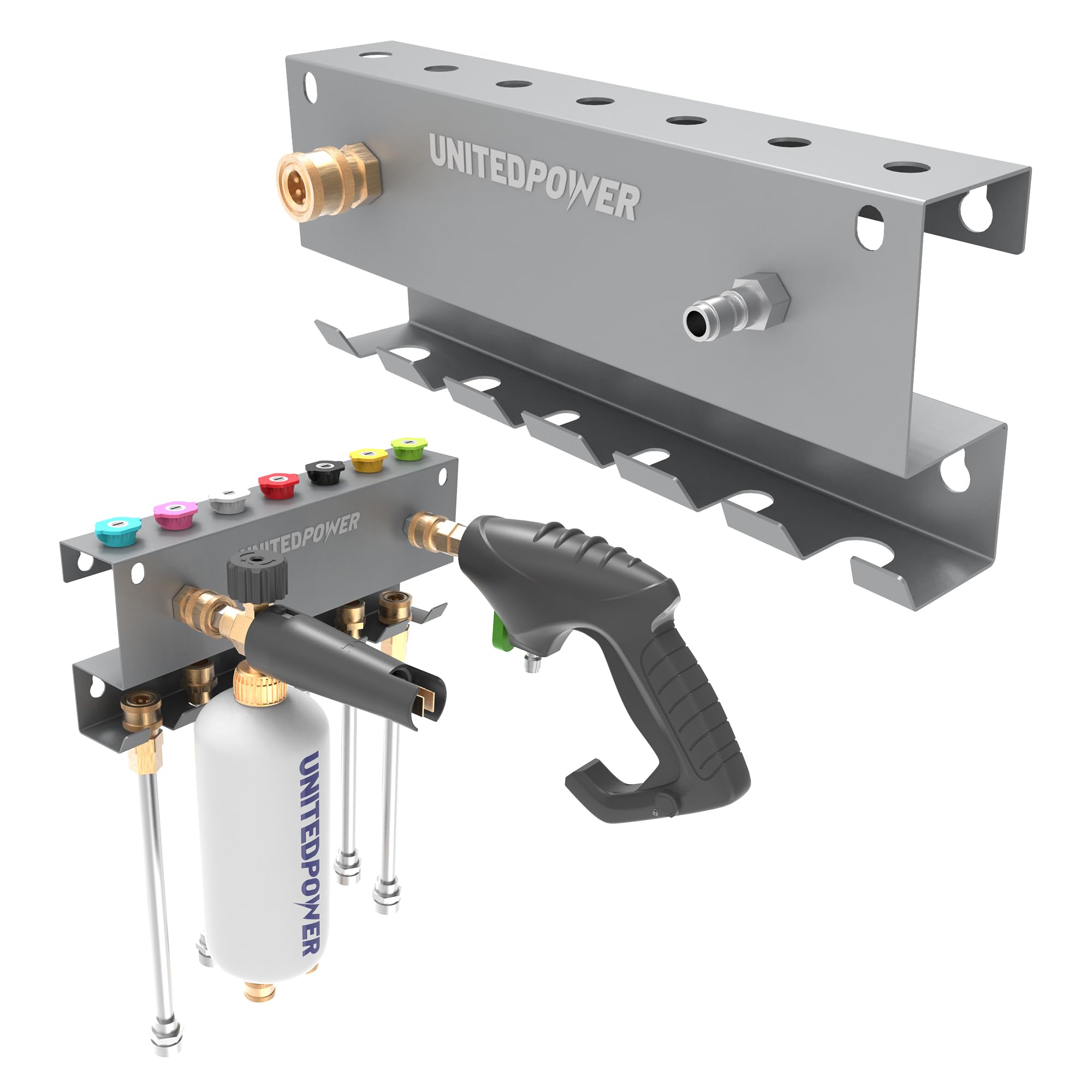 UNITEDPOWER pressure washer gun holder wall mount keeps the gun and nozzle organized and within reach.