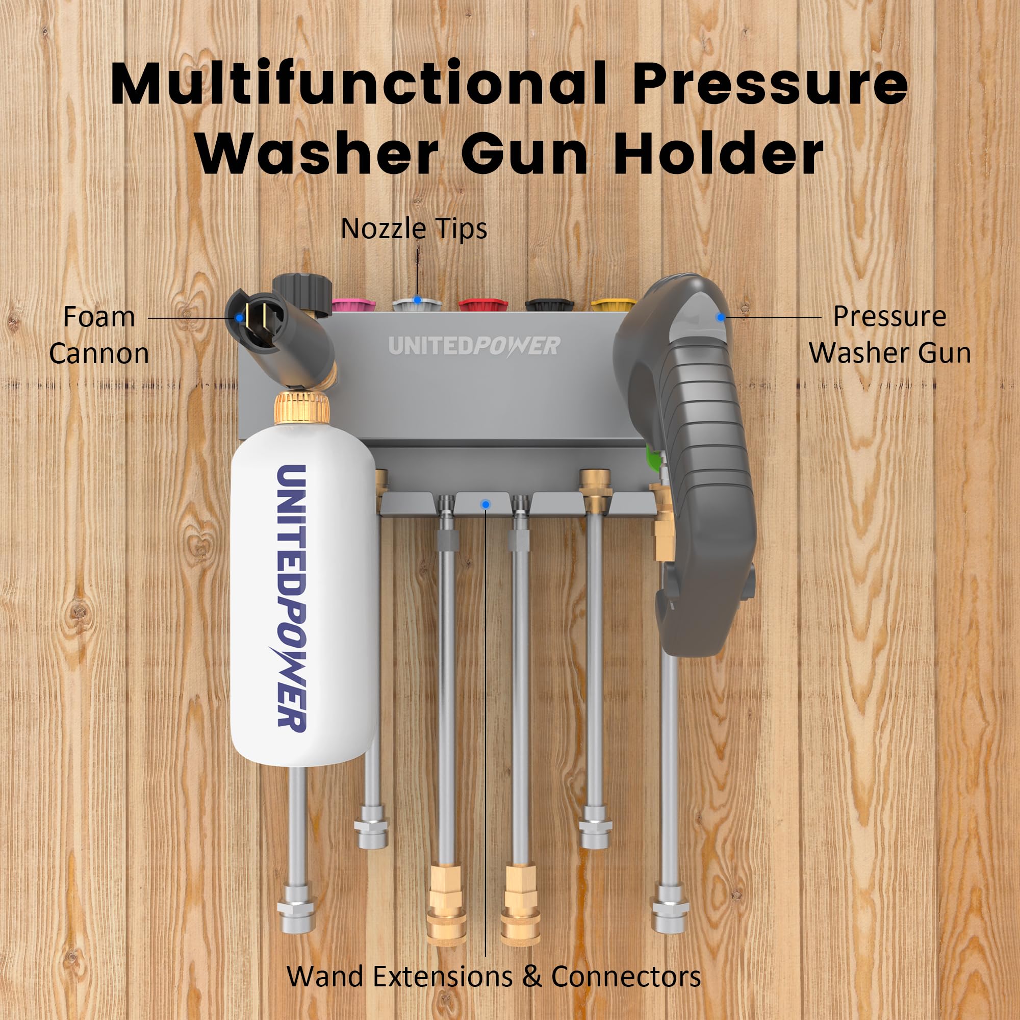 UNITEDPOWER pressure washer tool storage rack neatly holds wand, nozzle tips, and extensions.