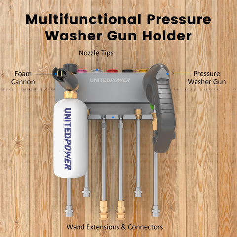 UNITEDPOWER pressure washer tool storage rack neatly holds wand, nozzle tips, and extensions.
