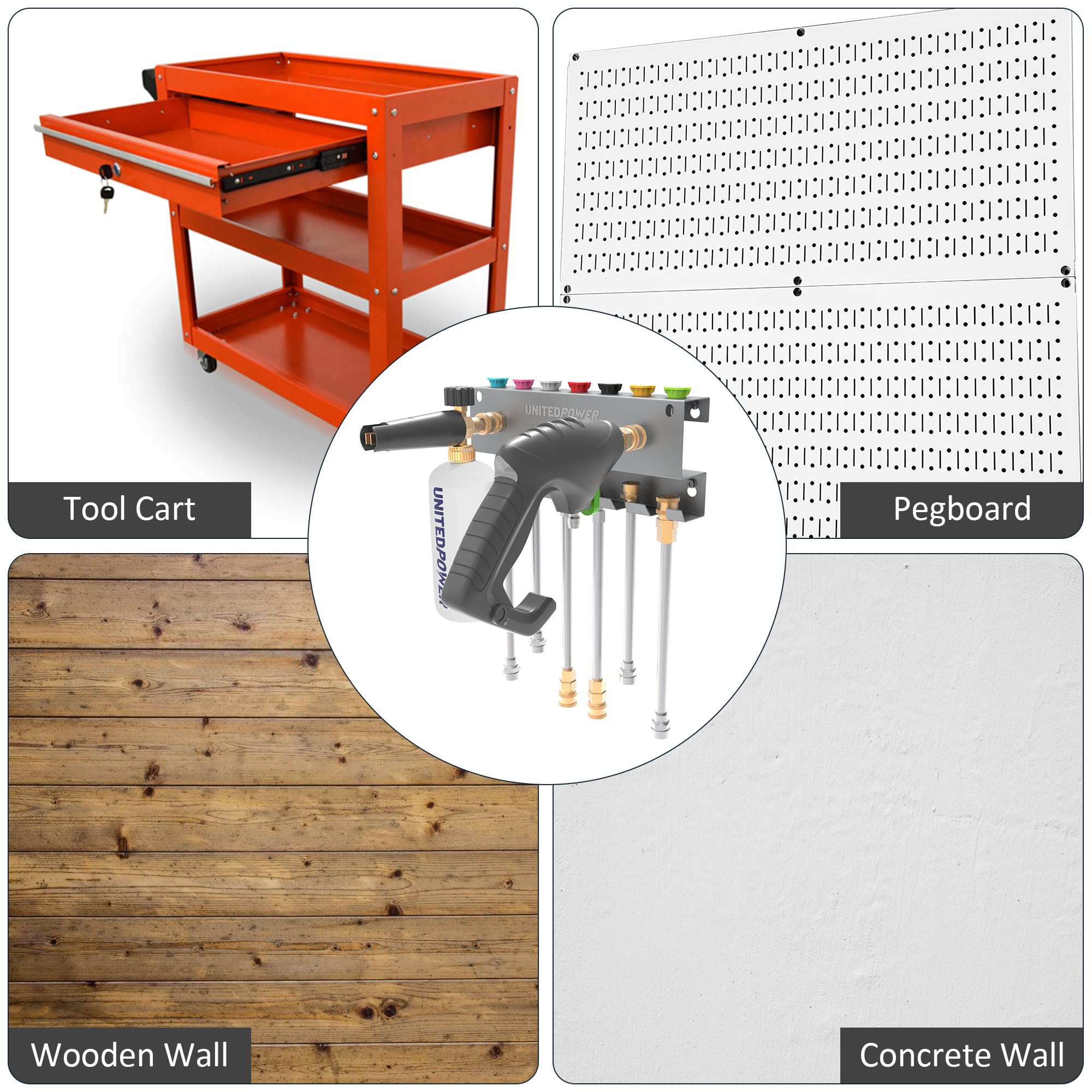 UNITEDPOWER silver wall-mount rack features sturdy metal construction and durable finish.