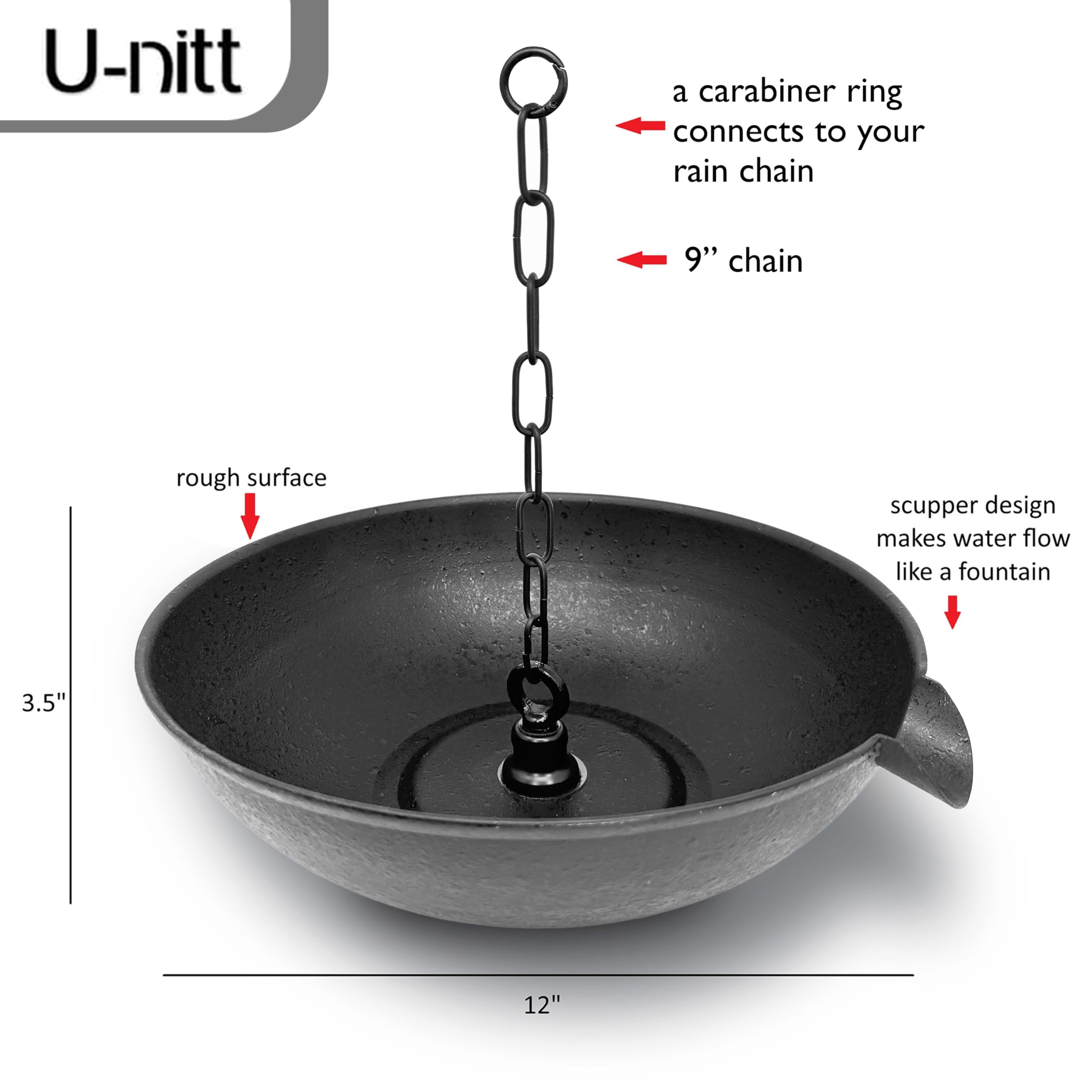 U-nitt rain-chain anchoring basin secures the rain chain while gathering roof runoff