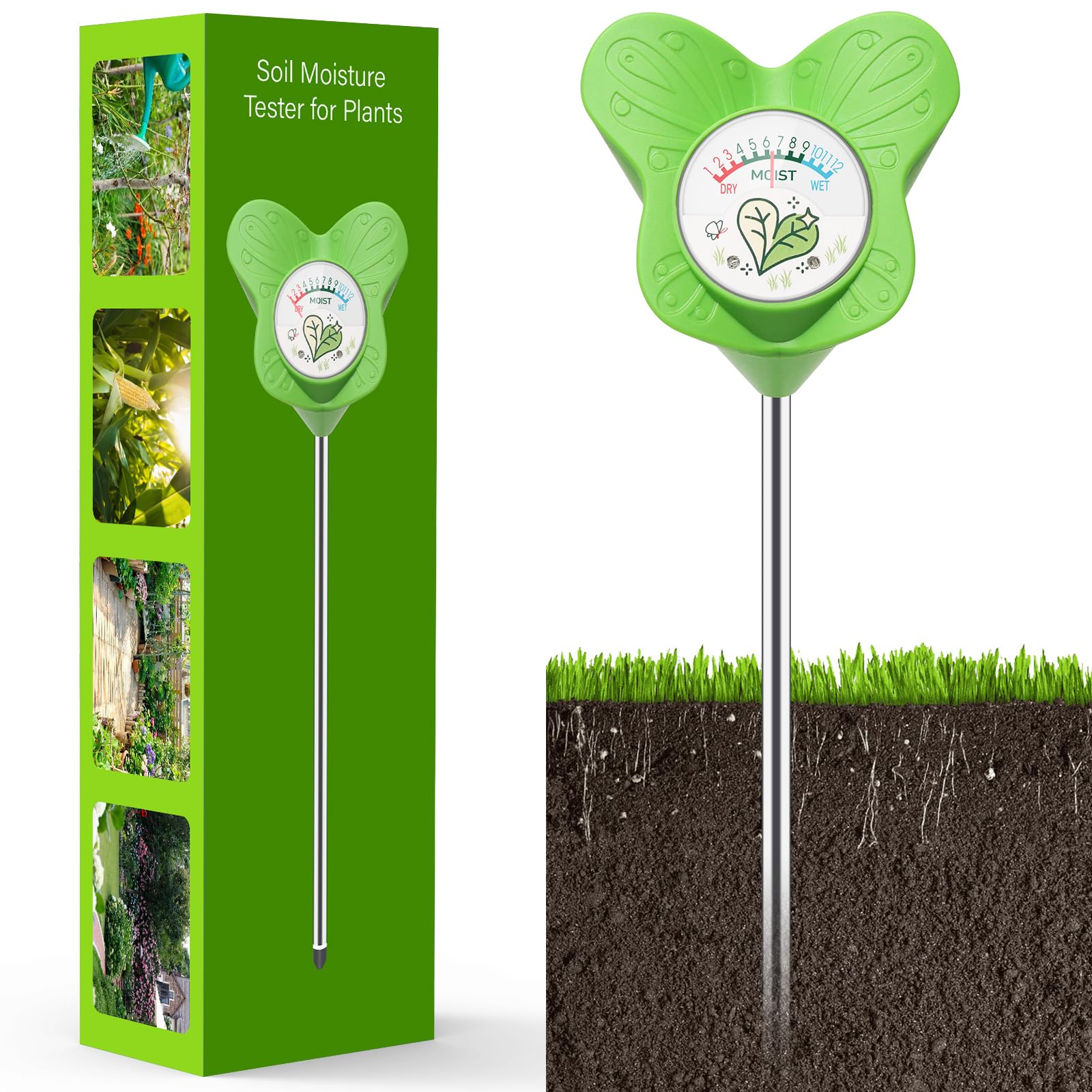 UNIWA soil moisture meter in soil shows moisture level for indoor plants.