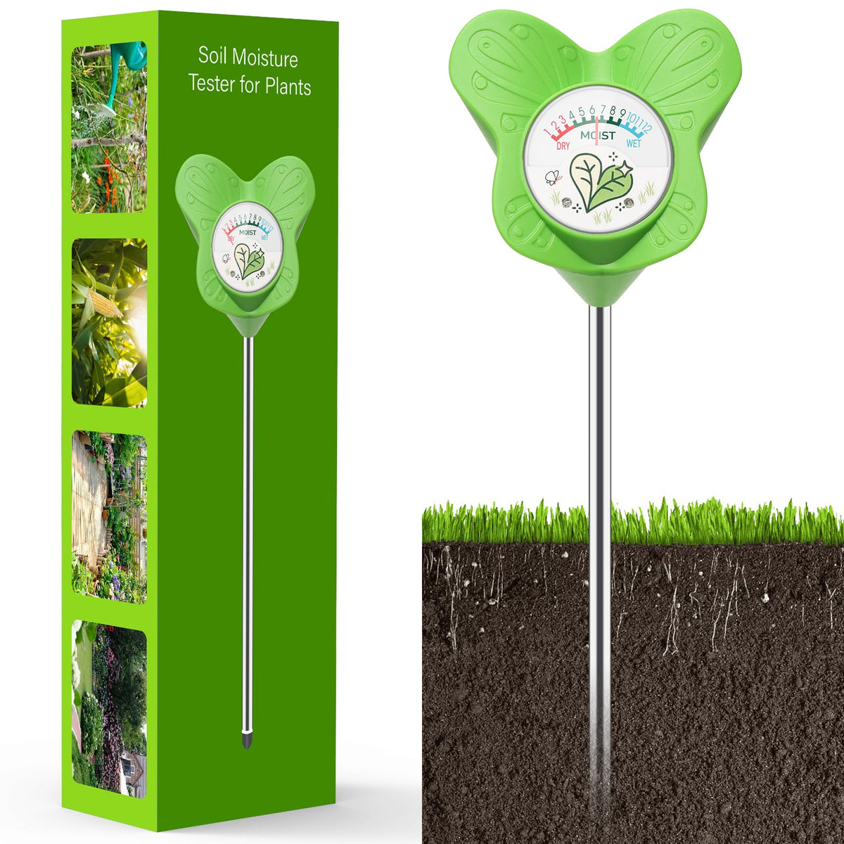UNIWA soil moisture meter in soil shows moisture level for indoor plants.