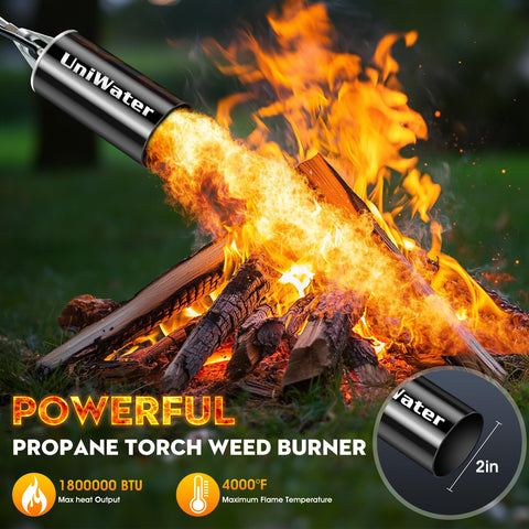 UniWater heavy-duty weed torch showing the 2-inch wide nozzle for broad heat coverage.