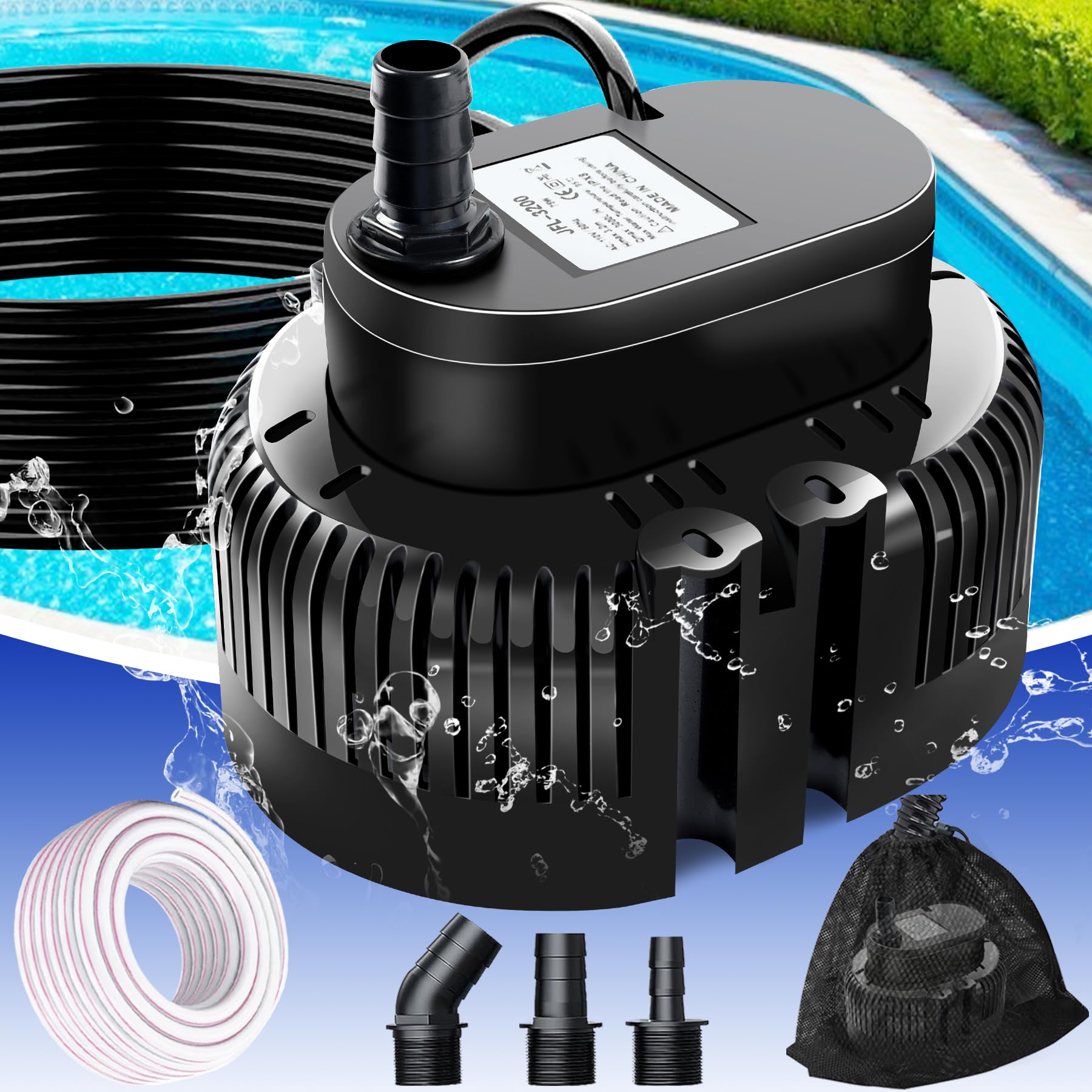 UniWater pool cover pump outdoors, front view, for efficient water removal.