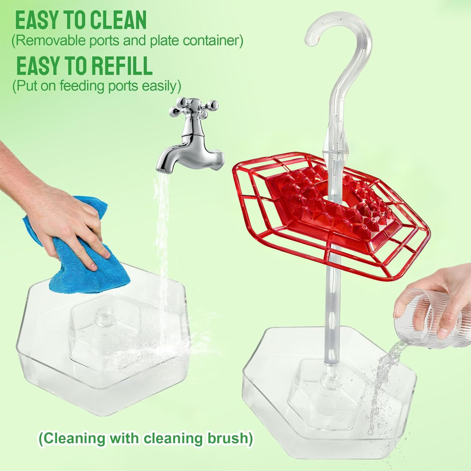 UNJUICE hanging feeder with secure hook keeps nectar contained even in wind.