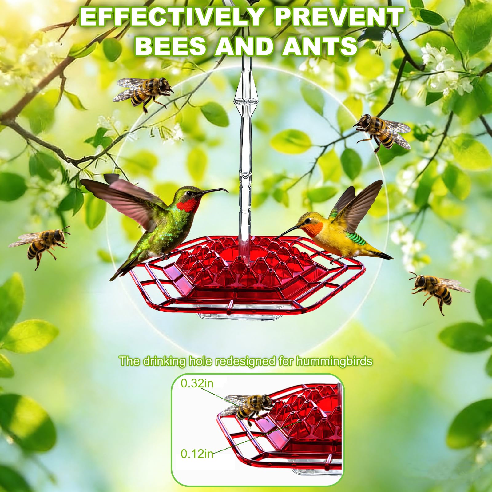 UNJUICE hummingbird feeder features no-drip design reduces mess in the garden.