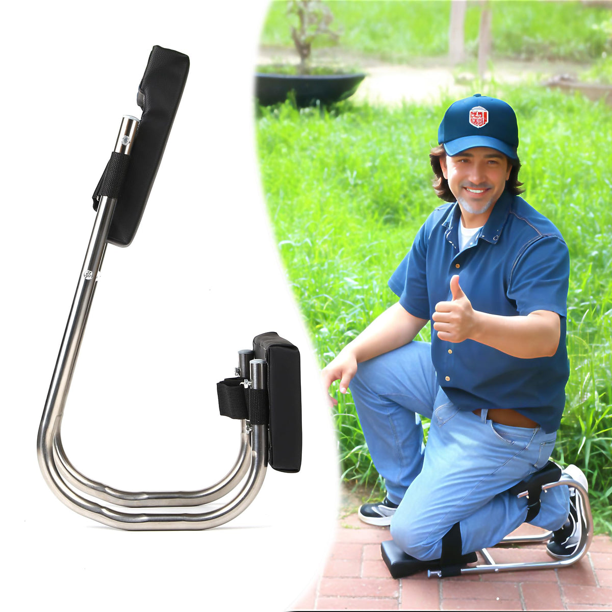 Unmake ergonomic knee seat worn during gardening for comfortable hip alignment
