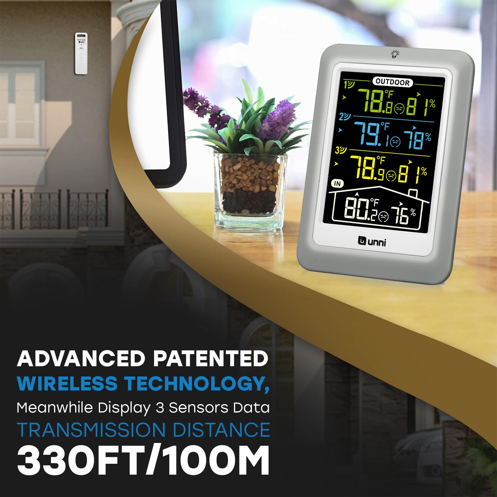 U UNNI backlit digital hygrometer for easy night viewing of climate data.