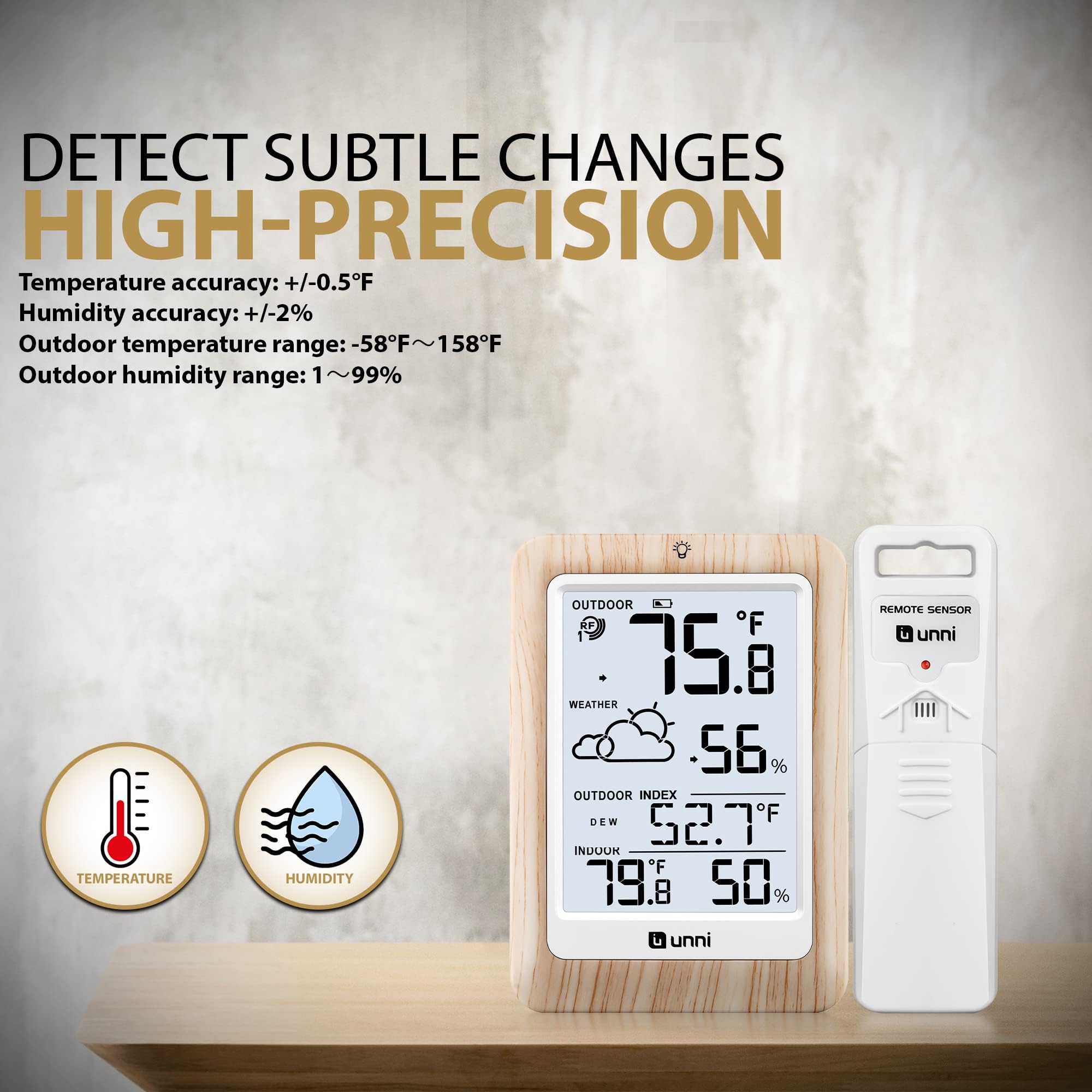 Unni weather station displays heat index and dew point for comfort planning.