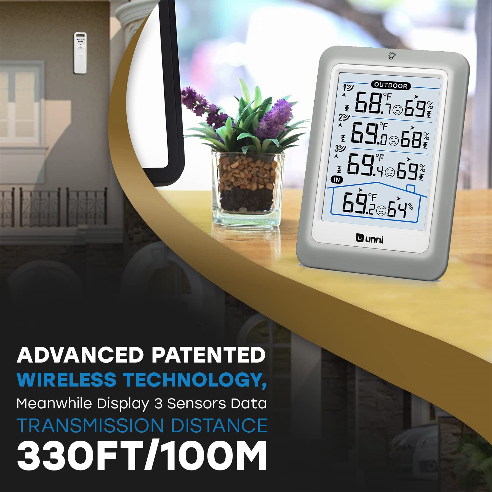 Backlight brightness control on the U UNNI thermometer for day and night viewing.