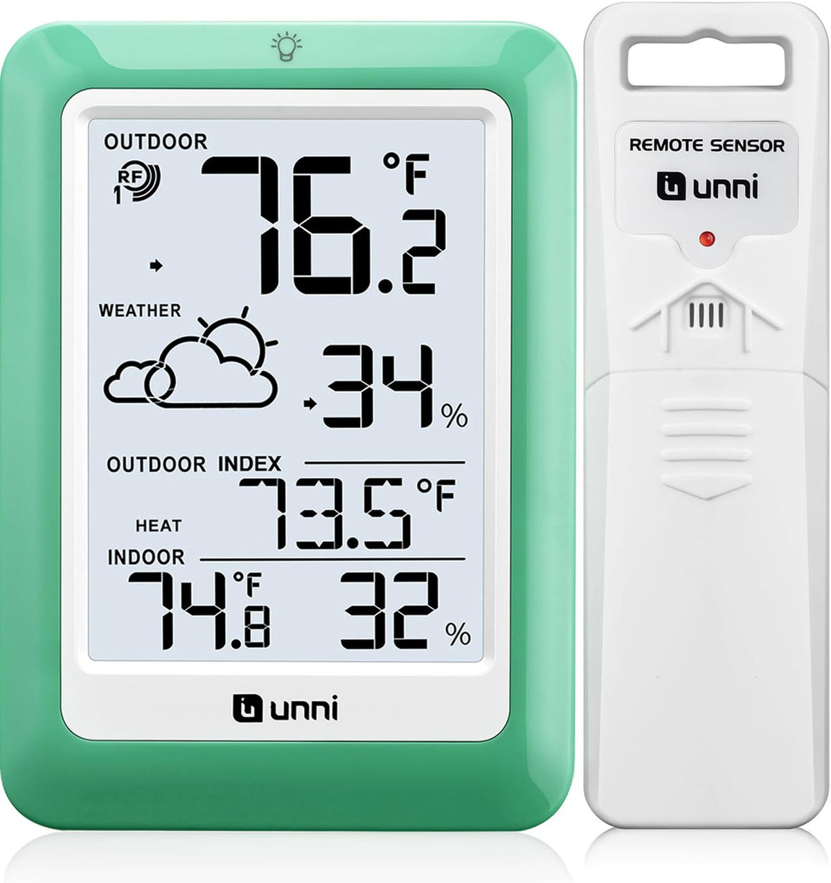 U UNNI indoor outdoor thermometer display shows real time temperature and humidity for home comfort.